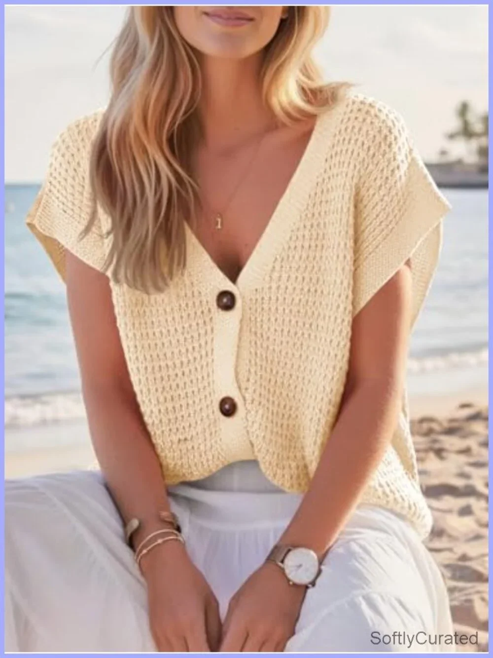 Short Sleeve Crochet Cardigan Sweater V-Neck Button Down Beach Cover Up